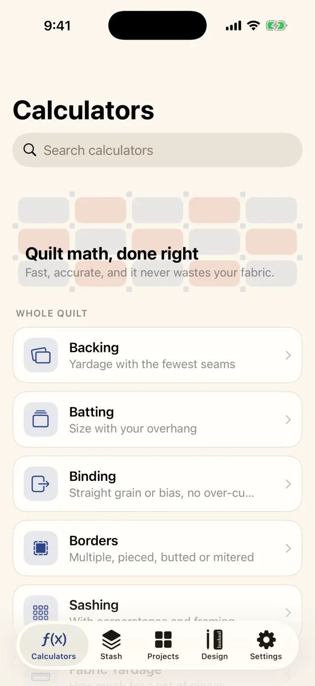 The Sashing calculators screen on iPhone, showing the quilt-math catalog